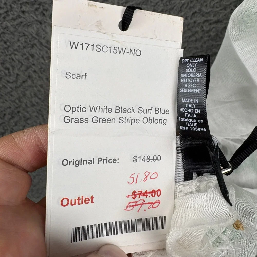 W By Worth Optic White Blue Green Stripe Oblong Scarf W171SC15W-NO Made In Italy